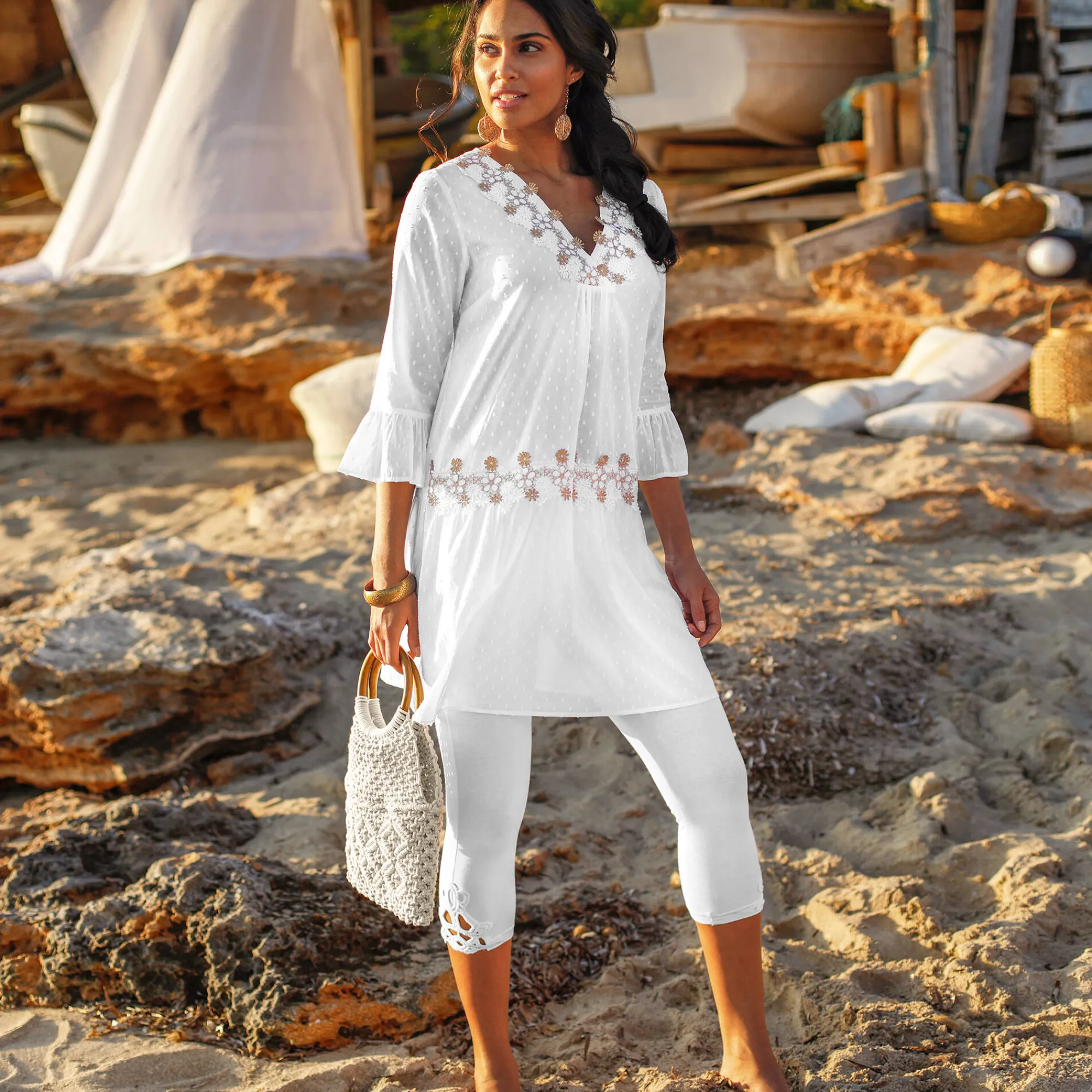 Legging<Blancheporte 3/4 macramé legging, elastische tailleband wit