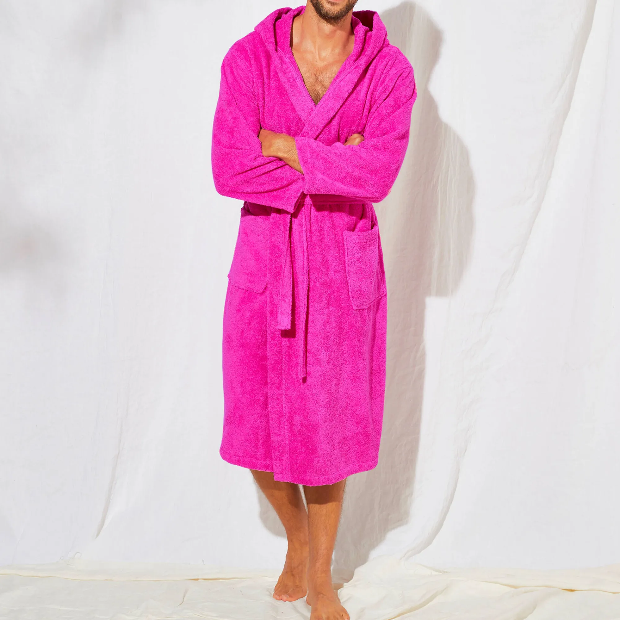 Badjas<Colombine Badjas in lusjesbadstof, kraag met kap, unisex volwassenen fuchsia