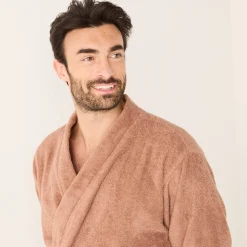 Badjas<Colombine Badjas in lusjesbadstof met kimonokraag, unisex volwassenen kastanje
