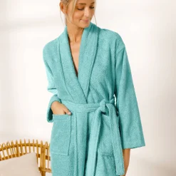 Badjas<Colombine Badjas in lusjesbadstof met sjaalkraag, unisex volwassenen watergroen
