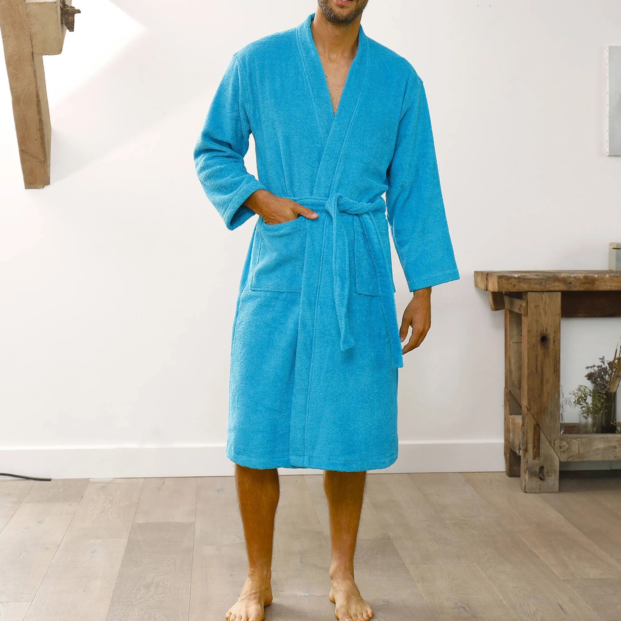 Badjas<Colombine Badjas in lusjesbadstof met kimonokraag, unisex volwassenen turkoois