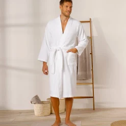 Badjas<Colombine Badjas in lusjesbadstof met kimonokraag, unisex volwassenen wit