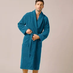 Badjas<Colombine Badjas in lusjesbadstof met sjaalkraag, unisex volwassenen pauwblauw