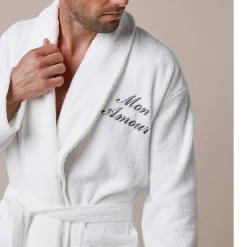Badjas<Colombine Badjas in lusjesbadstof met sjaalkraag, volwassenen, personaliseerbaar wit