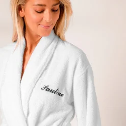 Badjas<Colombine Badjas in lusjesbadstof met sjaalkraag, volwassenen, personaliseerbaar wit