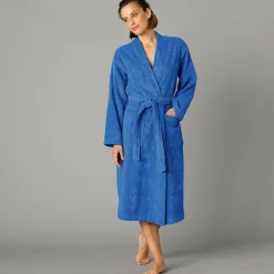 Badjas<Colombine Badjas in lusjesbadstof met kimonokraag, unisex volwassenen felblauw