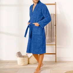 Badjas<Colombine Badjas in lusjesbadstof met kimonokraag, unisex volwassenen felblauw