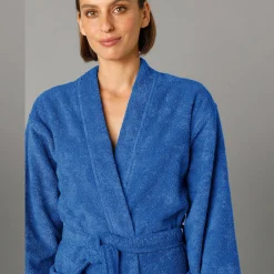 Badjas<Colombine Badjas in lusjesbadstof met kimonokraag, unisex volwassenen felblauw