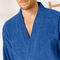 Badjas<Colombine Badjas in lusjesbadstof met kimonokraag, unisex volwassenen felblauw