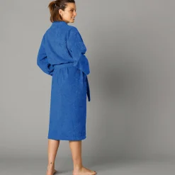 Badjas<Colombine Badjas in lusjesbadstof met kimonokraag, unisex volwassenen felblauw