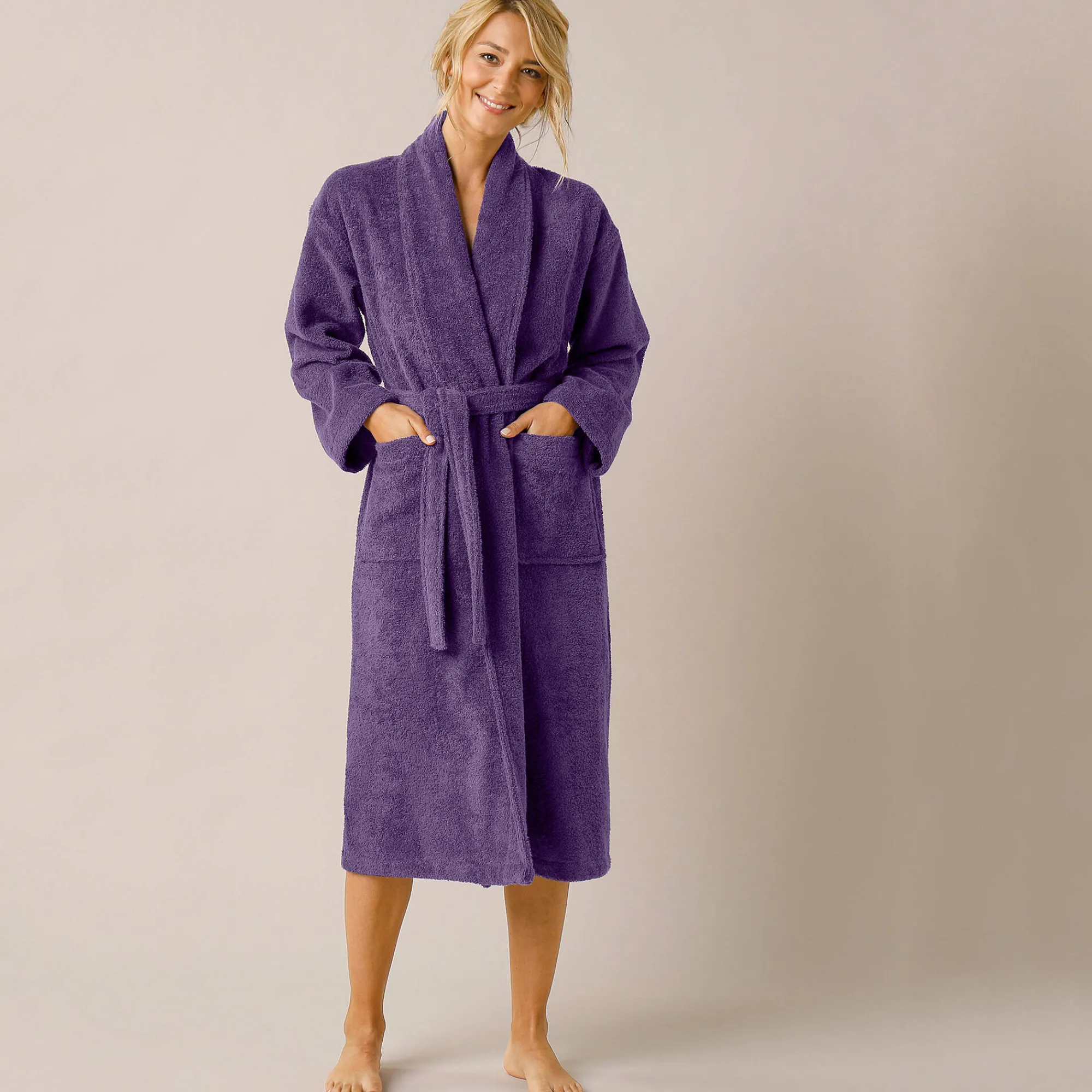 Badjas<Colombine Badjas in lusjesbadstof met sjaalkraag, unisex volwassenen aubergine
