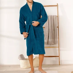 Badjas<Colombine Badjas in lusjesbadstof met kimonokraag, unisex volwassenen pauwblauw