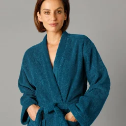 Badjas<Colombine Badjas in lusjesbadstof met kimonokraag, unisex volwassenen pauwblauw