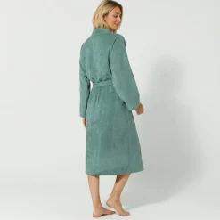 Badjas<Colombine Badjas in lusjesbadstof met kimonokraag, unisex volwassenen eucalyptus