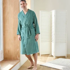 Badjas<Colombine Badjas in lusjesbadstof met kimonokraag, unisex volwassenen eucalyptus