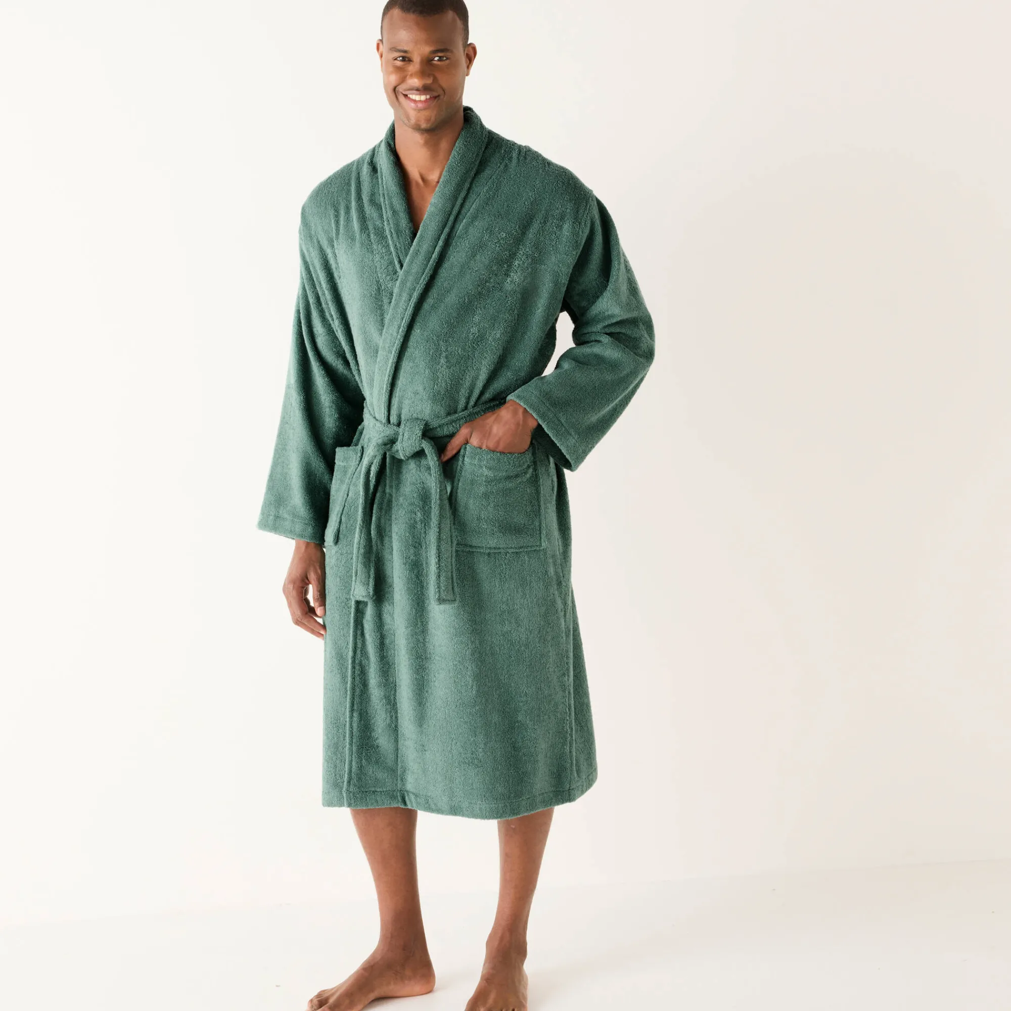 Badjas<Colombine Badjas in lusjesbadstof met sjaalkraag, unisex volwassenen eucalyptus