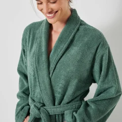 Badjas<Colombine Badjas in lusjesbadstof met sjaalkraag, unisex volwassenen eucalyptus