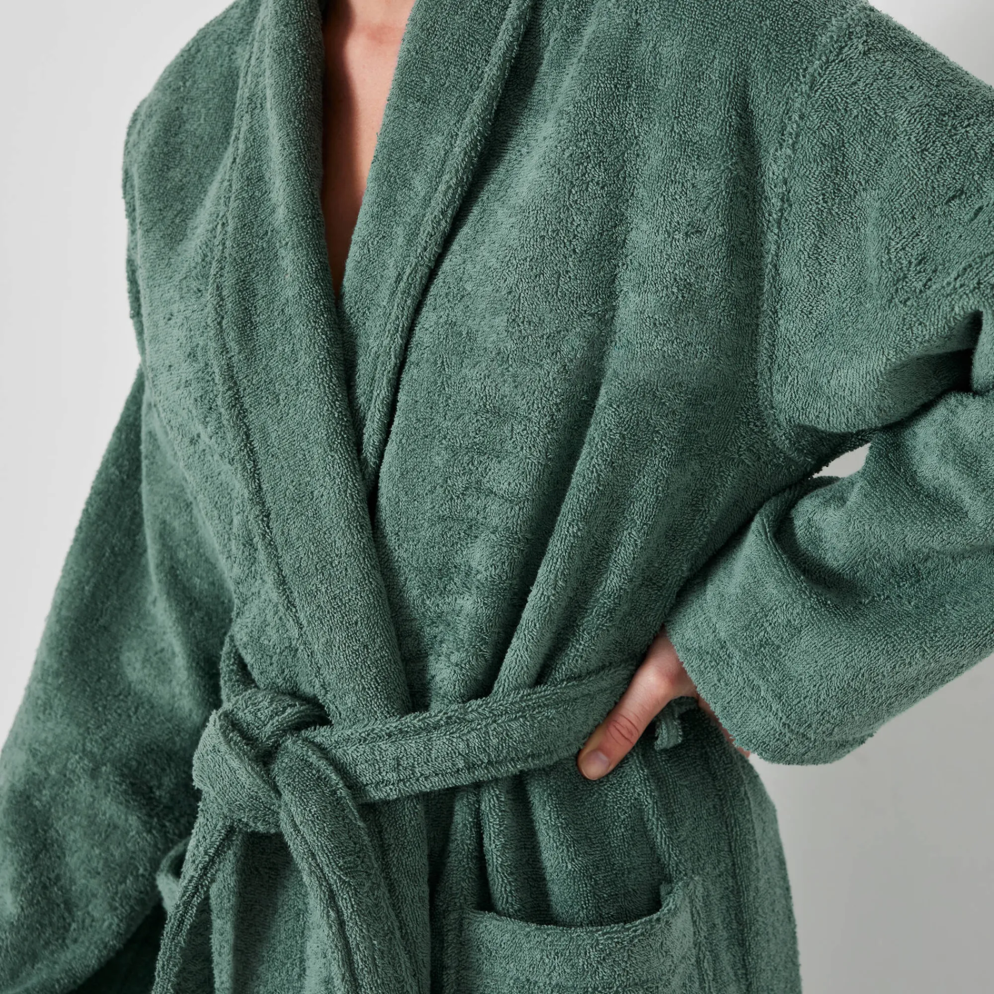 Badjas<Colombine Badjas in lusjesbadstof met sjaalkraag, unisex volwassenen eucalyptus