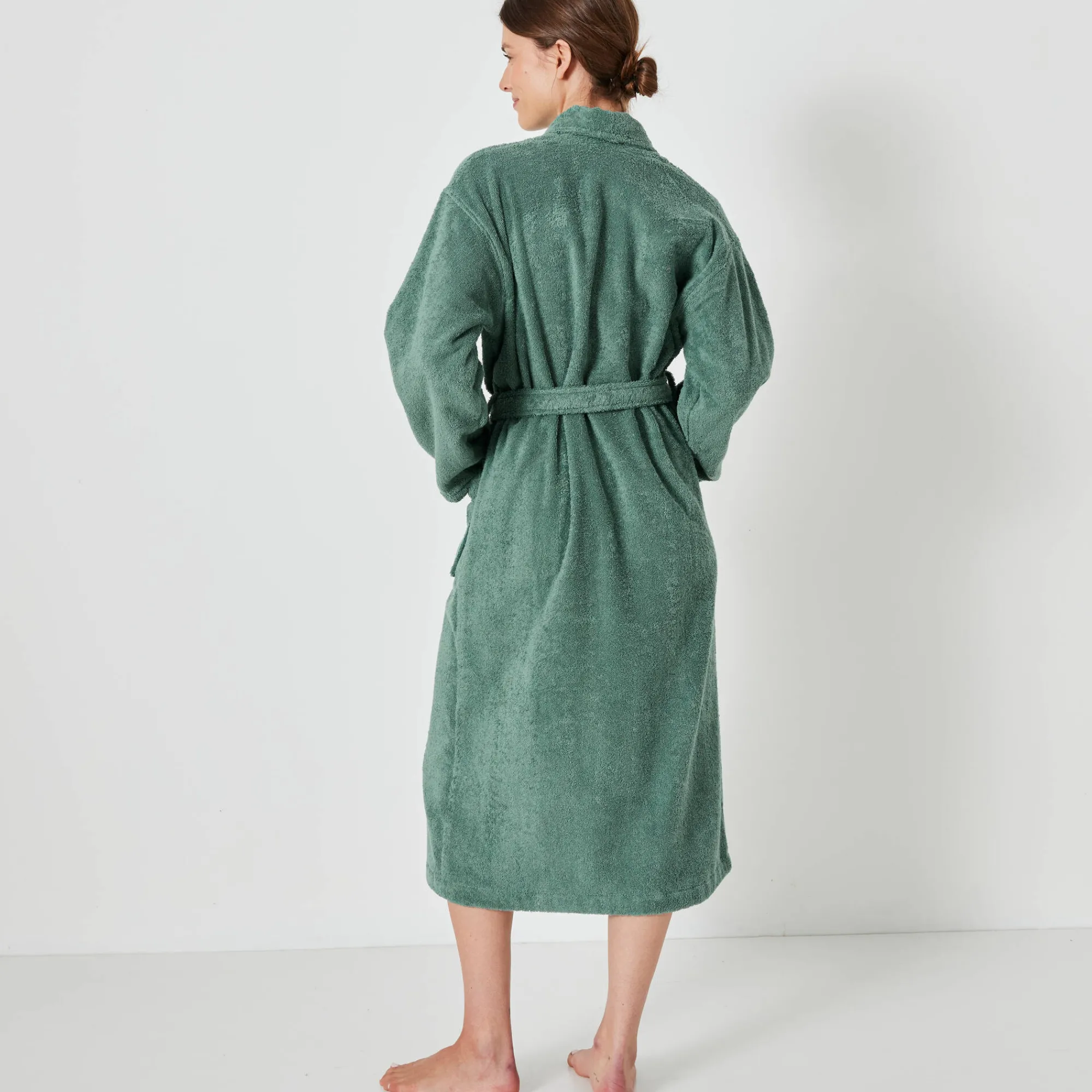 Badjas<Colombine Badjas in lusjesbadstof met sjaalkraag, unisex volwassenen eucalyptus
