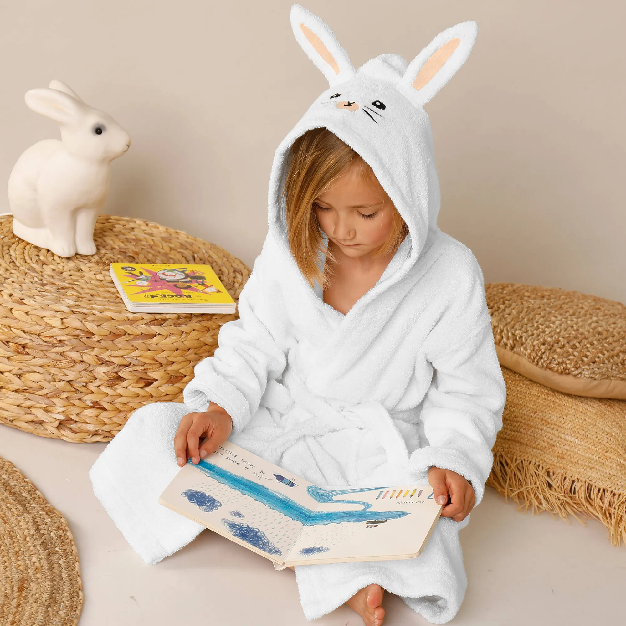 Badjas|Handdoek En Badlaken Kids<Colombine des petits Badjas met kap, voor kinderen, konijnmotief, katoenen badstof - 340 g/m2 wit