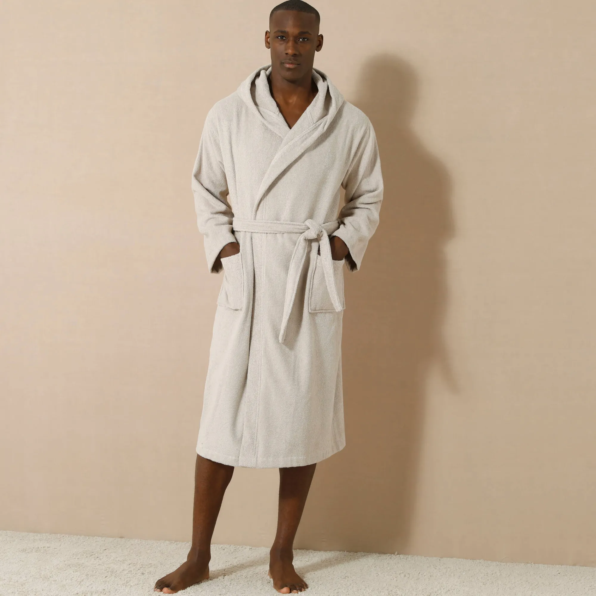 Badjas<Blancheporte Badjas voor volwassenen, unisex, kraag met 'snel droog' kap zandkleur