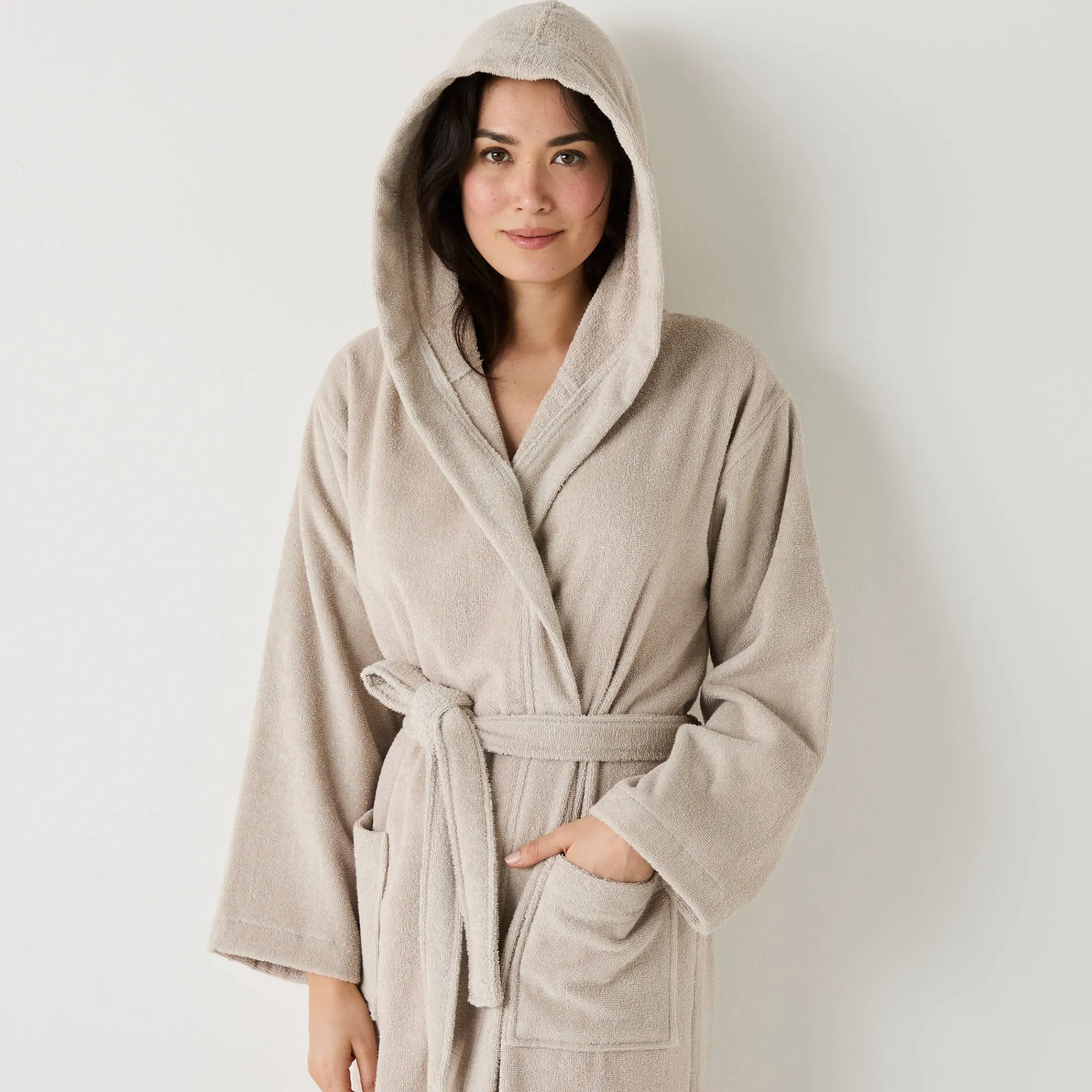 Badjas<Blancheporte Badjas voor volwassenen, unisex, kraag met 'snel droog' kap zandkleur