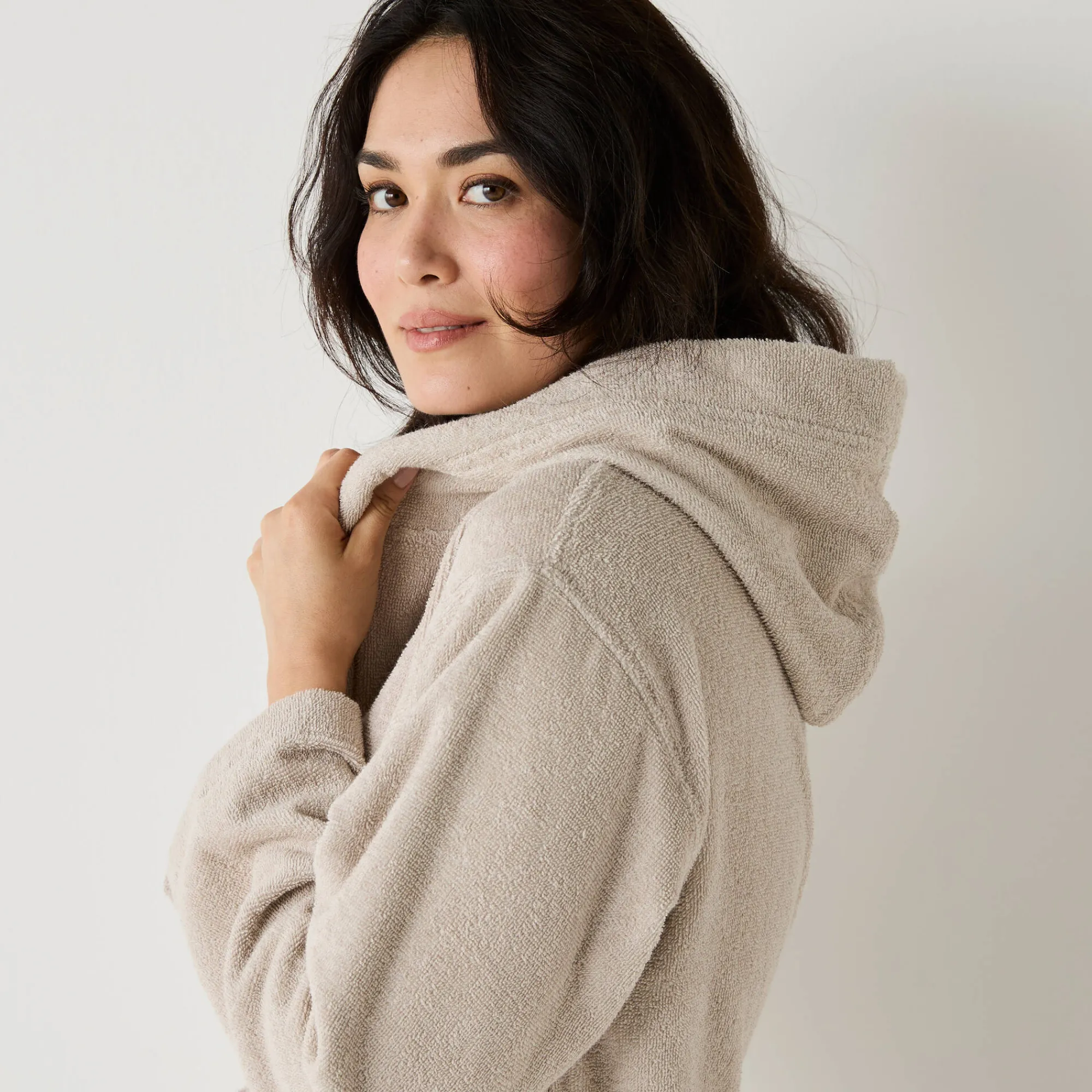 Badjas<Blancheporte Badjas voor volwassenen, unisex, kraag met 'snel droog' kap zandkleur