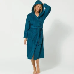 Badjas<Blancheporte Badjas voor volwassenen, unisex, kraag met 'snel droog' kap pauwblauw
