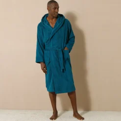 Badjas<Blancheporte Badjas voor volwassenen, unisex, kraag met 'snel droog' kap pauwblauw