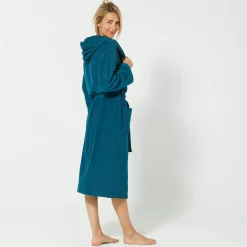 Badjas<Blancheporte Badjas voor volwassenen, unisex, kraag met 'snel droog' kap pauwblauw