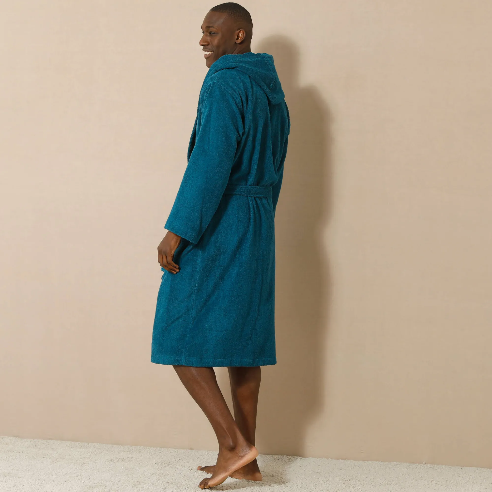 Badjas<Blancheporte Badjas voor volwassenen, unisex, kraag met 'snel droog' kap pauwblauw