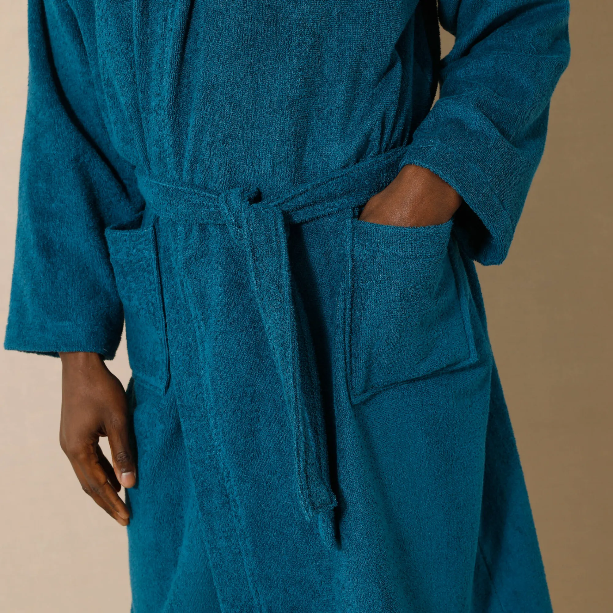 Badjas<Blancheporte Badjas voor volwassenen, unisex, kraag met 'snel droog' kap pauwblauw