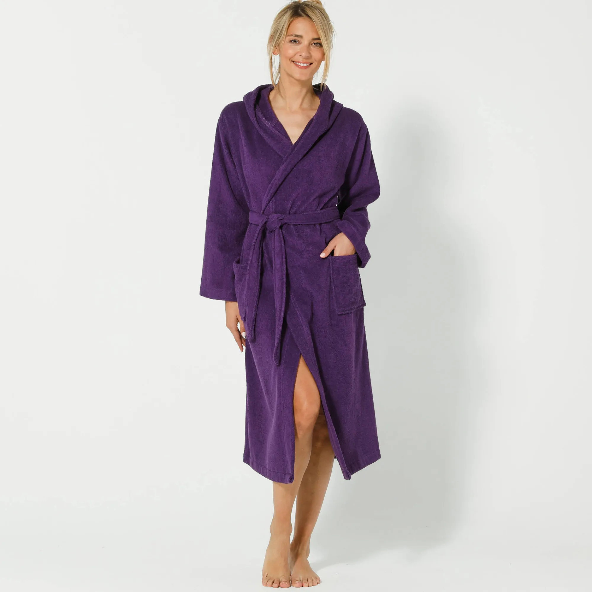 Badjas<Blancheporte Badjas voor volwassenen, unisex, kraag met 'snel droog' kap paars