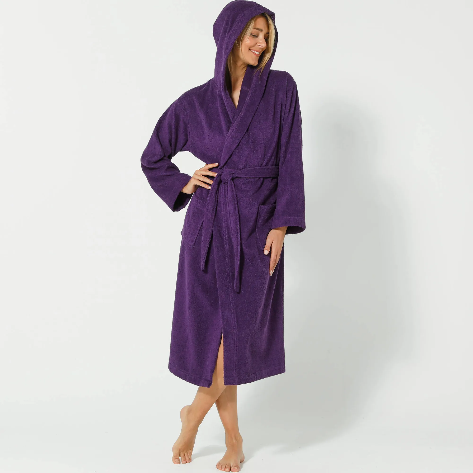 Badjas<Blancheporte Badjas voor volwassenen, unisex, kraag met 'snel droog' kap paars