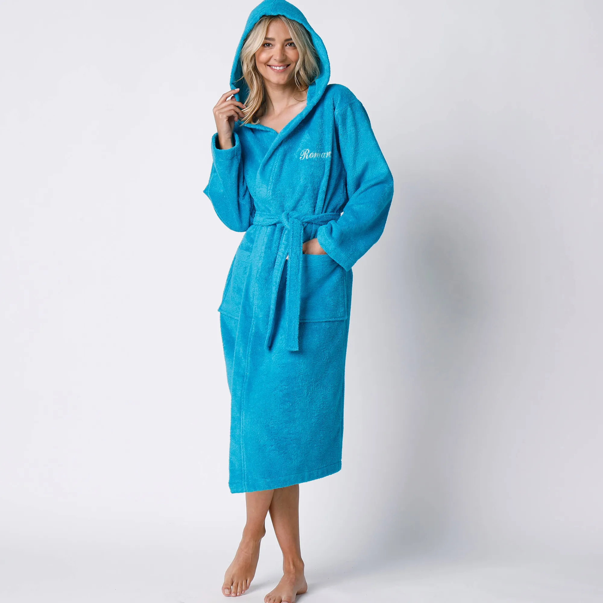 Badjas<Colombine Badjas voor volwassenen, unisex, lusjesbadstof, personaliseerbaar turkoois