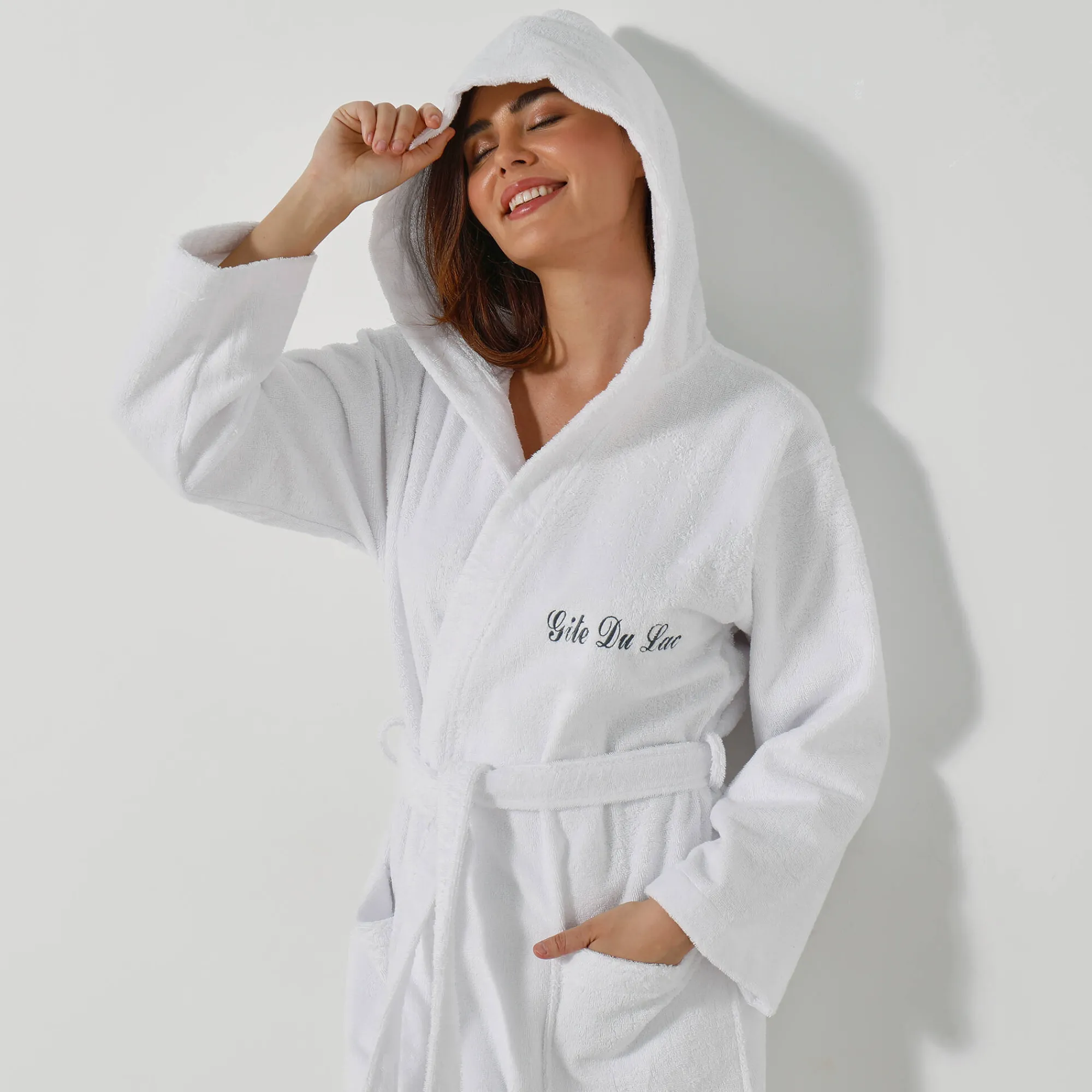 Badjas<Colombine Badjas voor volwassenen, unisex, lusjesbadstof, personaliseerbaar wit