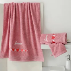 Badhanddoek|Handdoek En Badlaken Kids<Colombine Badstof met geborduurde hartjes, personaliseerbaar oudroze