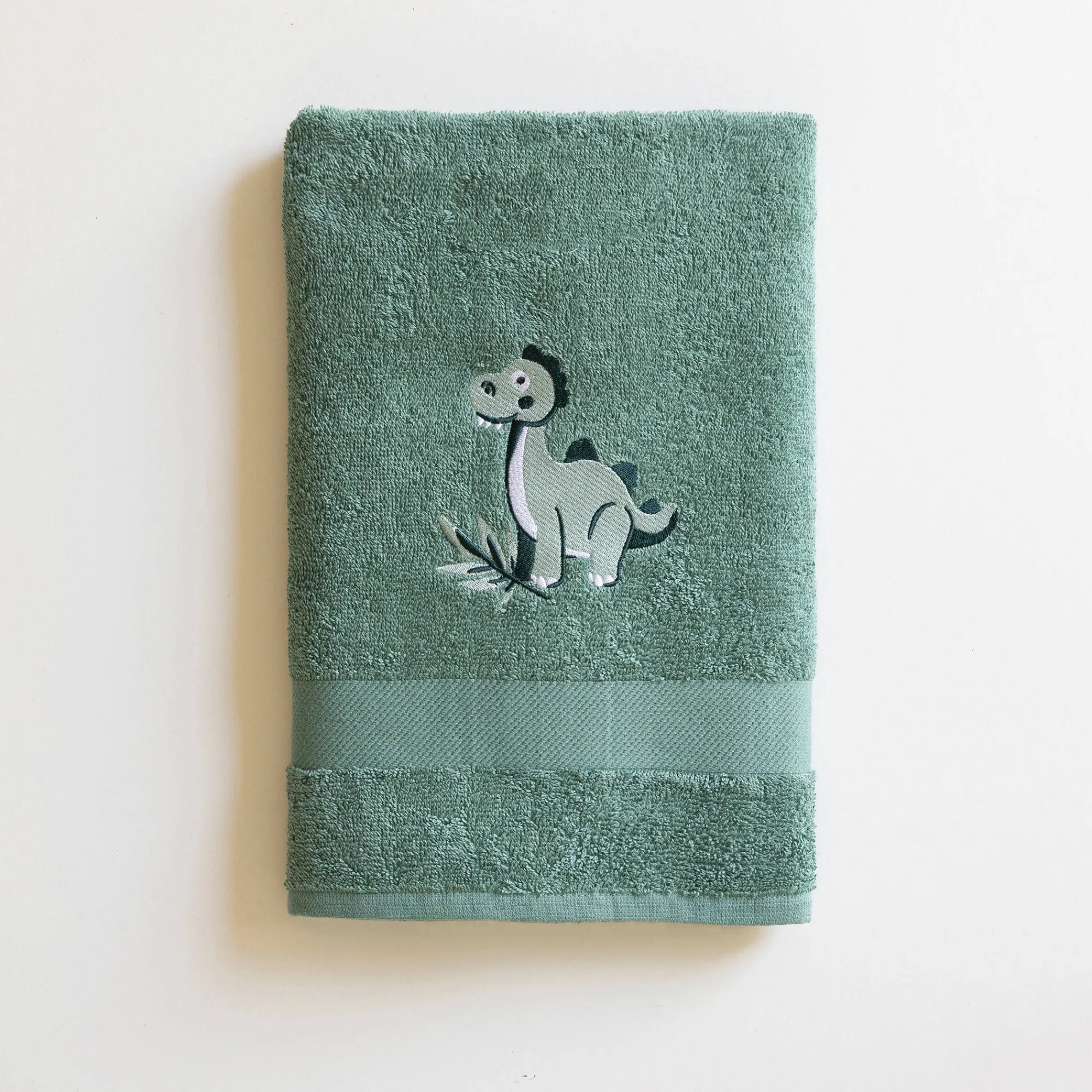 Washandje|Badhanddoek<Colombine des petits Badstofcollectie voor kinderen, geborduurd dinosaurusmotief, katoen - 380 g/m2 eucalyptus