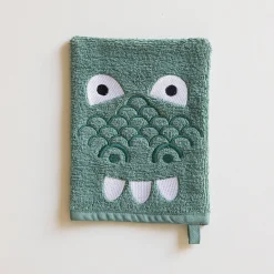Washandje|Badhanddoek<Colombine des petits Badstofcollectie voor kinderen, geborduurd dinosaurusmotief, katoen - 380 g/m2 eucalyptus