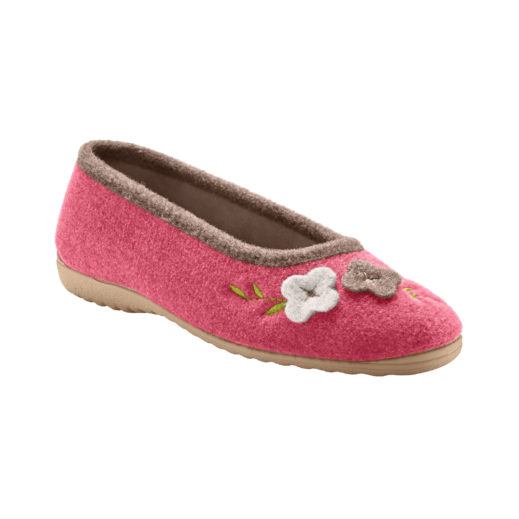 Sloffen|Sloffen<Blancheporte Ballerina's in wolvilt met opgelegde bloem framboos