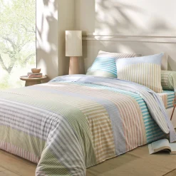 Fantasie Bedlinnen|Vlak Laken<Blancheporte Bedlinnen Ada in katoen met strepenprint amandel groen / wit
