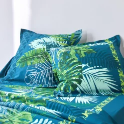 Fantasie Bedlinnen|Vlak Laken<Colombine Bedlinnen Cayenne, in katoen met palmboomprint groen