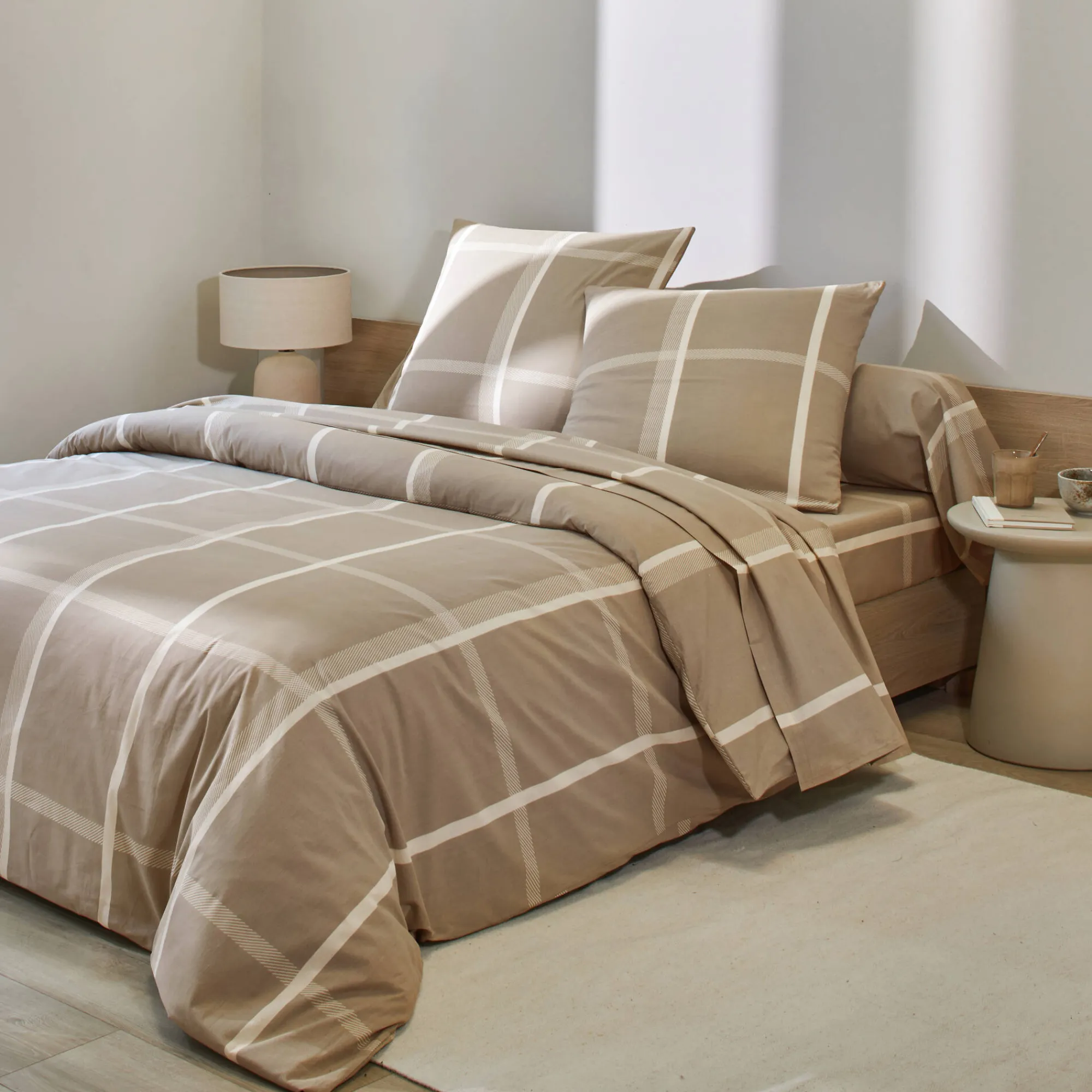 Fantasie Bedlinnen|Vlak Laken<Blancheporte Bedlinnen César, in katoen met ruitjesprint beige