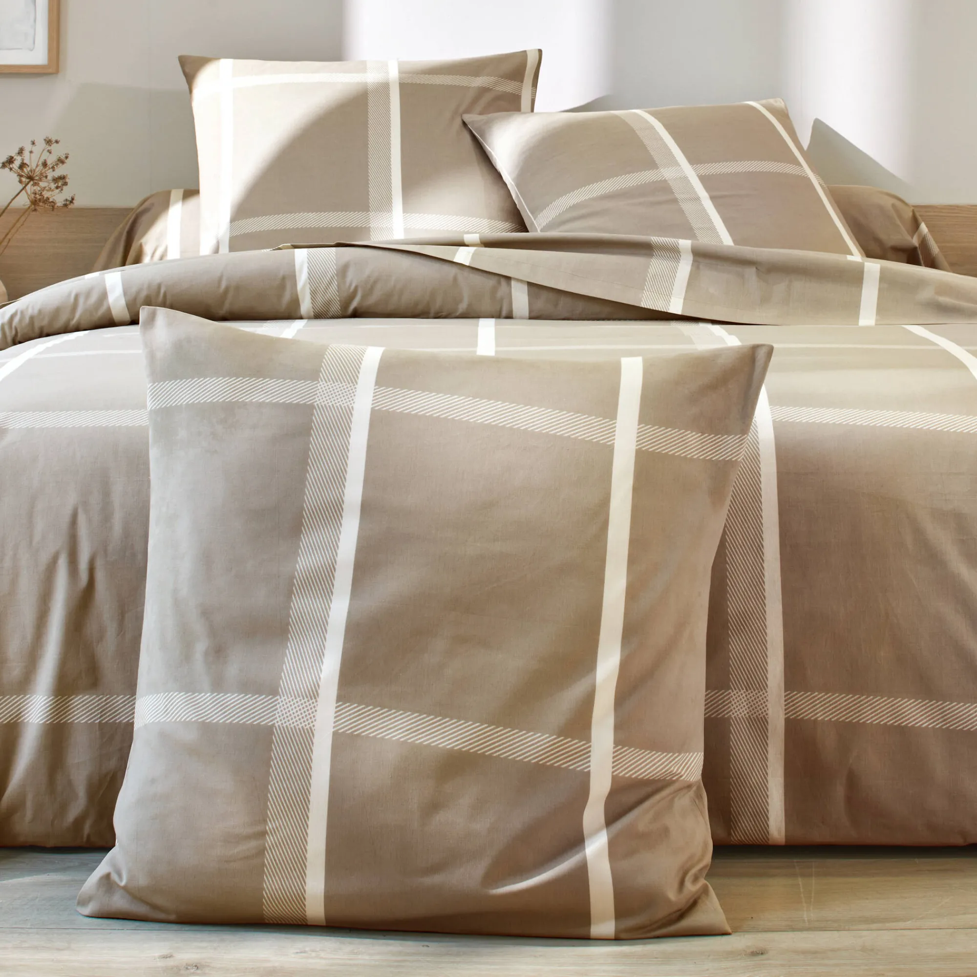 Fantasie Bedlinnen|Vlak Laken<Blancheporte Bedlinnen César, in katoen met ruitjesprint beige