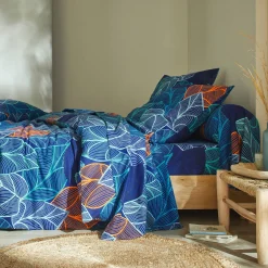 Fantasie Bedlinnen|Vlak Laken<Blancheporte Bedlinnen Elsa in polykatoen met bladerenmotief blauw