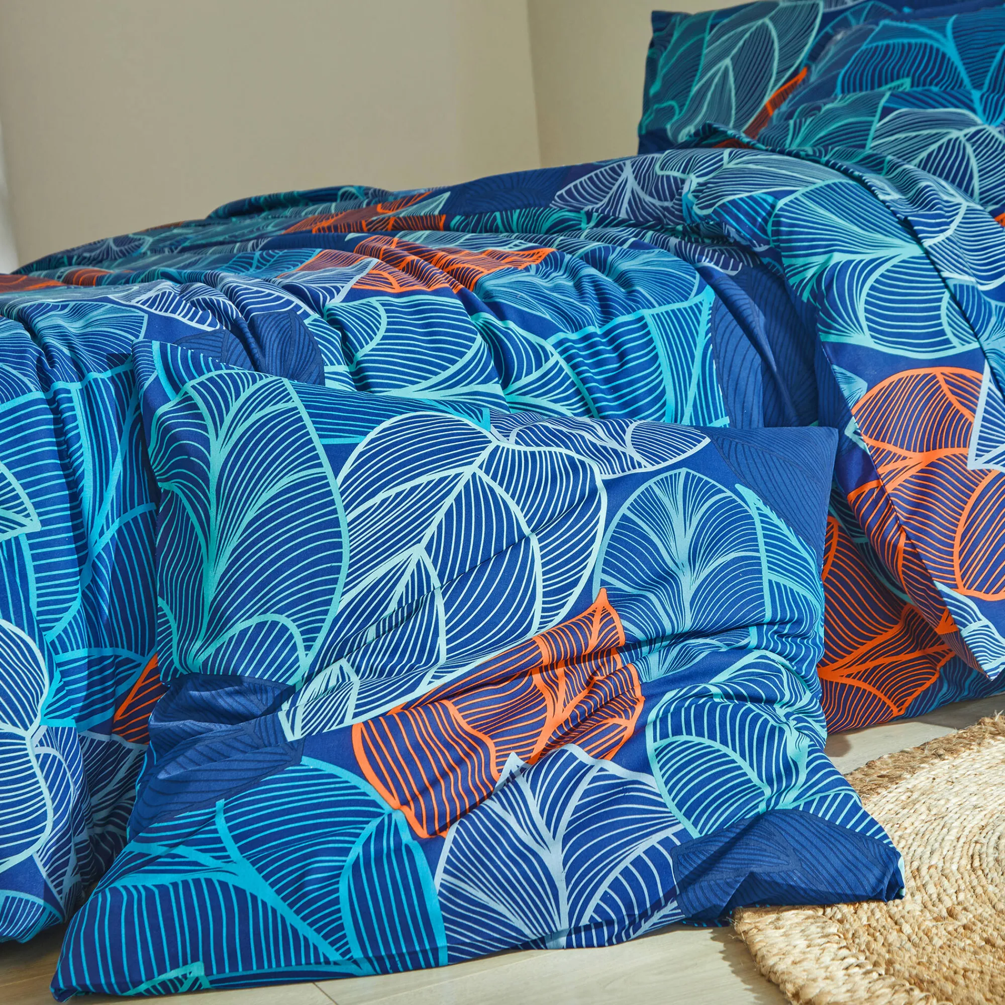 Fantasie Bedlinnen|Vlak Laken<Blancheporte Bedlinnen Elsa in polykatoen met bladerenmotief blauw
