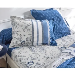 Fantasie Bedlinnen|Vlak Laken<Colombine Bedlinnen Gabrielle in flanel met bloemenprint en kant marineblauw