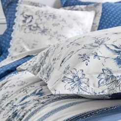 Fantasie Bedlinnen|Vlak Laken<Colombine Bedlinnen Gabrielle in flanel met bloemenprint en kant marineblauw