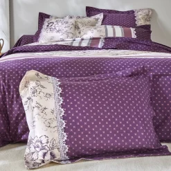 Fantasie Bedlinnen|Vlak Laken<Colombine Bedlinnen Gabrielle in flanel met bloemenprint en kant pruim
