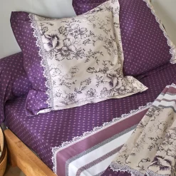 Fantasie Bedlinnen|Vlak Laken<Colombine Bedlinnen Gabrielle in flanel met bloemenprint en kant pruim